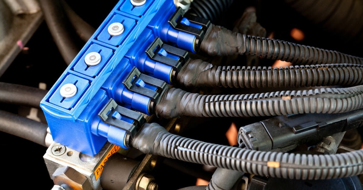 A blue electronic fuel injection system sits in a car engine, with four black rubber tubes connected to it.